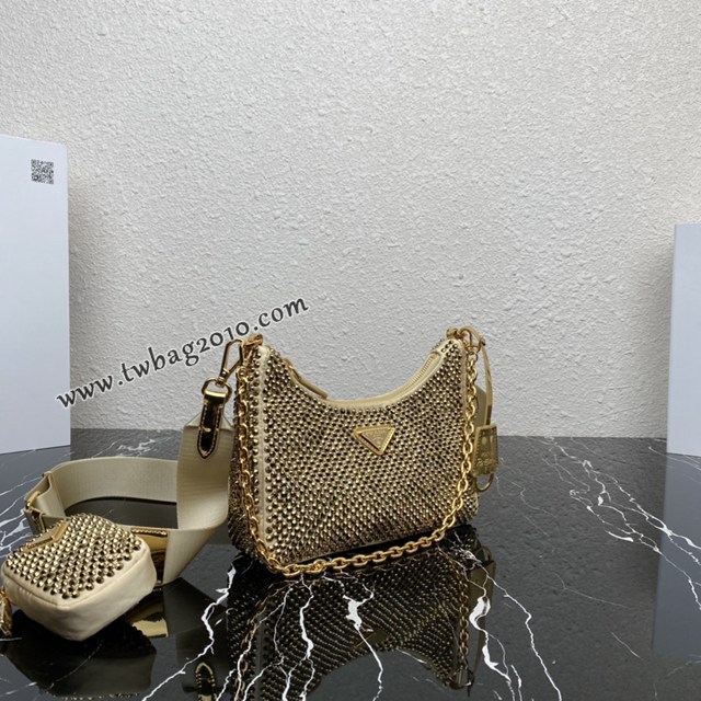 Prada專櫃2023新款金色系閃鑽三合一女包 1BH204 普拉達仿水晶編織肩帶鏈條肩背包 csp1556